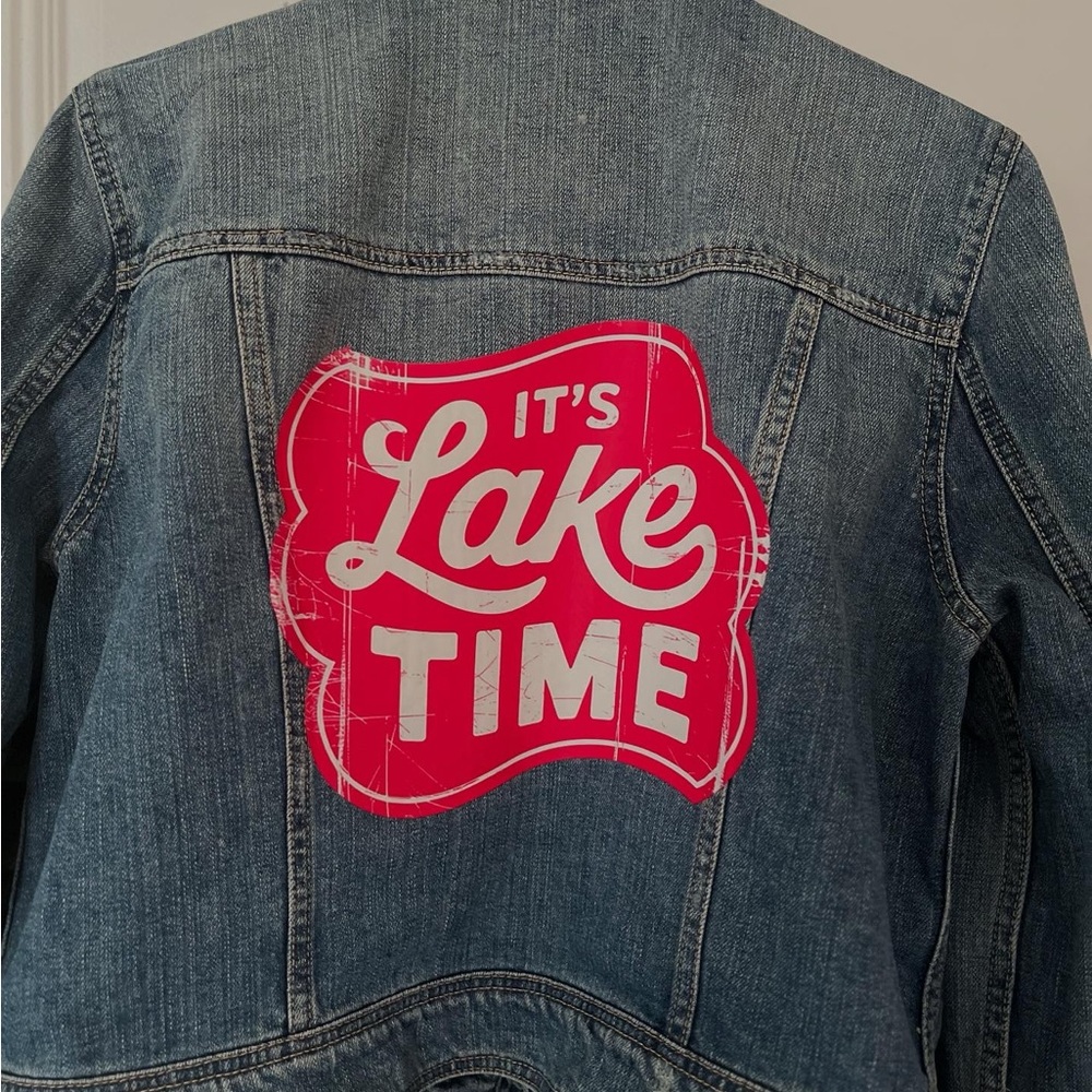 American Eagle Outfitters Blue Jean Jacket with Pink Graphic